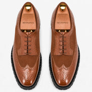 Melodiapelle Mosaic Two-Tone Wingtip Derby in tan leather, pair top-down view, handcrafted in Agra