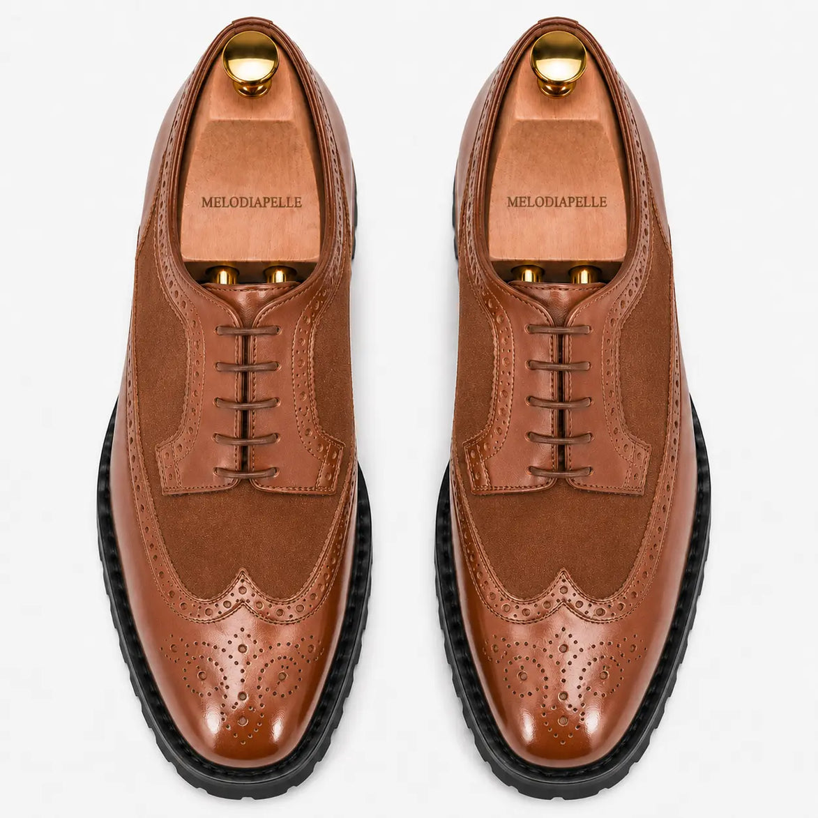 Melodiapelle Mosaic Two-Tone Wingtip Derby in tan leather, pair top-down view, handcrafted in Agra