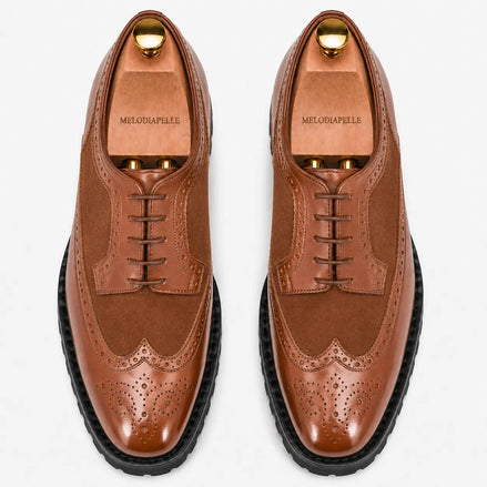 Melodiapelle Mosaic Two-Tone Wingtip Derby in tan leather, pair top-down view, handcrafted in Agra
