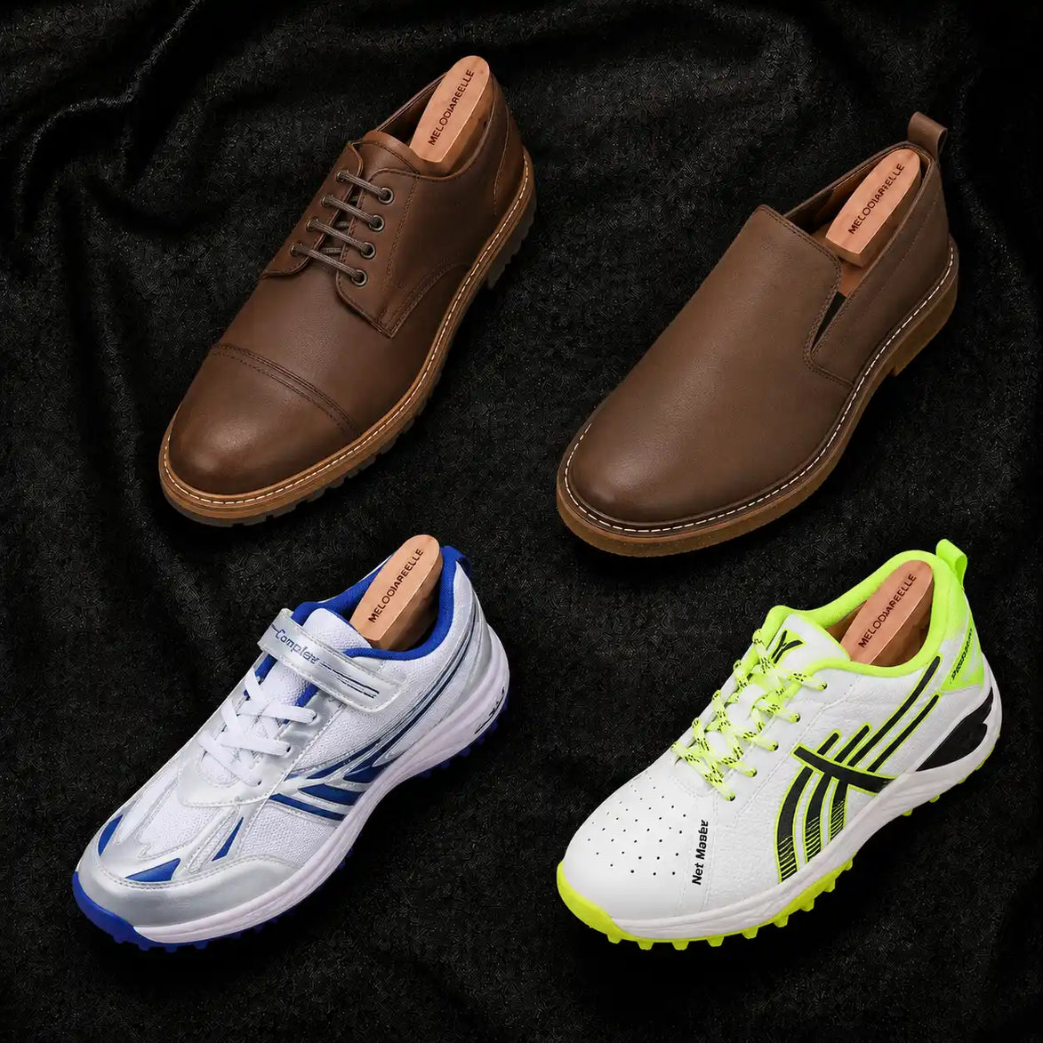 Melodiapelle Moscow Opera Slip-On collection in brown, tan and black leather, handcrafted slip-on shoes displayed together