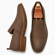 Mole brown nubuck leather opera slip-on, three-quarter angle showing heel and gusset detailing