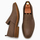Mole brown nubuck leather opera slip-on, three-quarter angle showing heel and gusset detailing