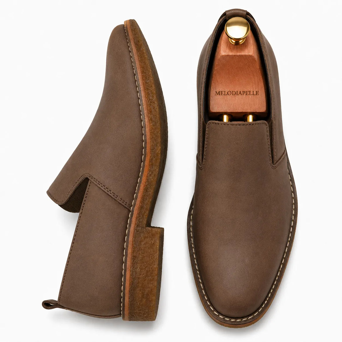 Mole brown nubuck leather opera slip-on, three-quarter angle showing heel and gusset detailing