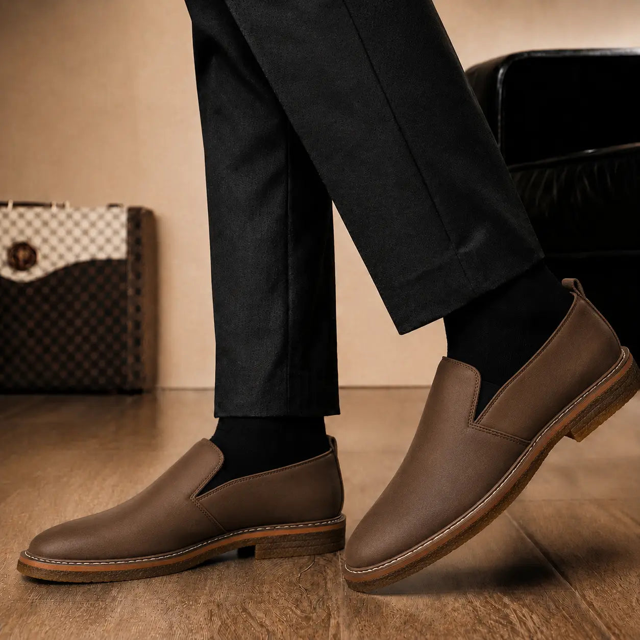 Melodiapelle Moscow Opera Slip-On in mole brown nubuck leather worn with trousers, on-feet shot