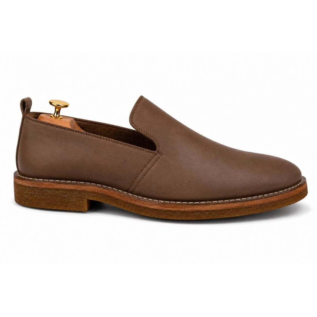 Side profile of the Moscow Opera Slip-On in mole brown nubuck leather on white background