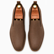 Moscow Melodiapelle Moscow Opera Slip-On in mole brown nubuck leather, pair top-down view, handcrafted in AgraOpera Slip-On