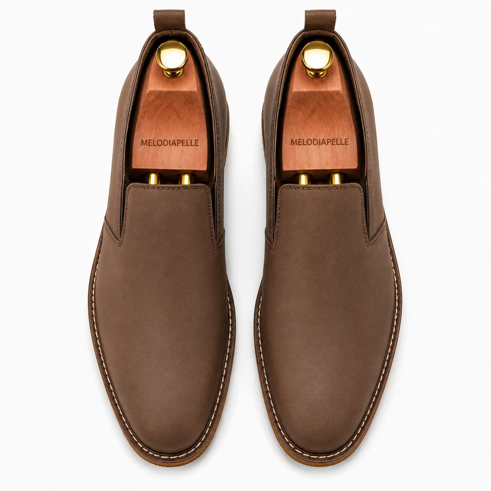 Moscow Melodiapelle Moscow Opera Slip-On in mole brown nubuck leather, pair top-down view, handcrafted in AgraOpera Slip-On