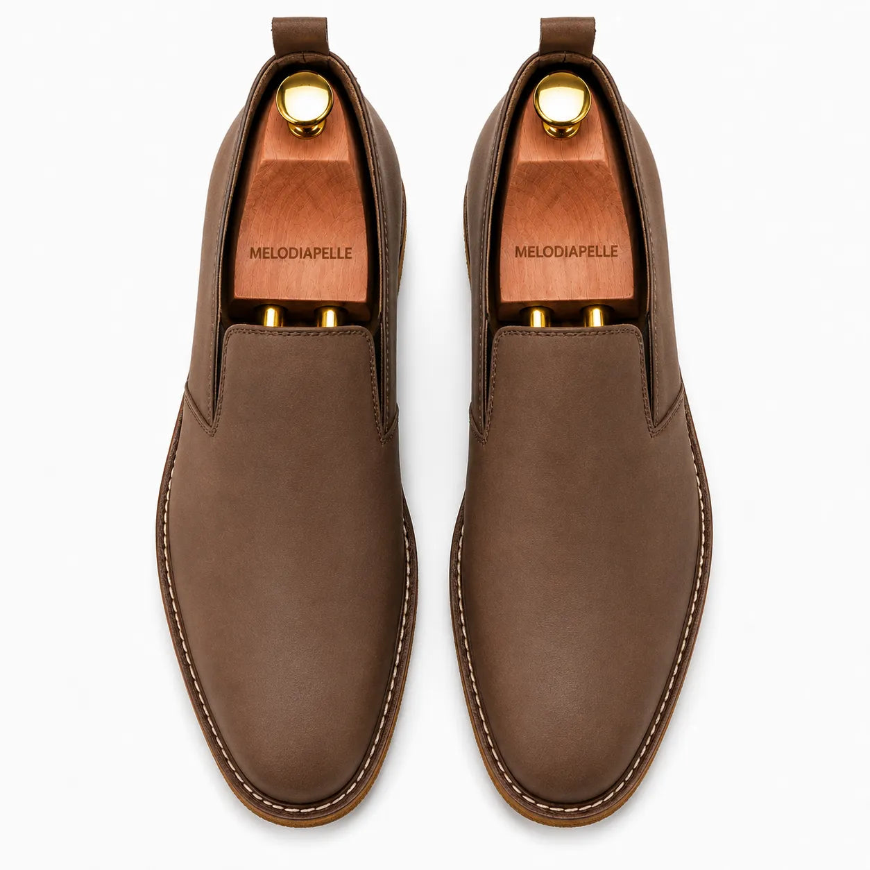 Moscow Melodiapelle Moscow Opera Slip-On in mole brown nubuck leather, pair top-down view, handcrafted in AgraOpera Slip-On