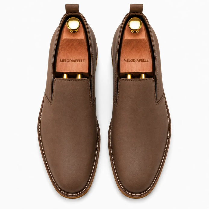 Moscow Melodiapelle Moscow Opera Slip-On in mole brown nubuck leather, pair top-down view, handcrafted in AgraOpera Slip-On