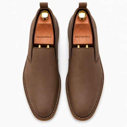 Moscow Melodiapelle Moscow Opera Slip-On in mole brown nubuck leather, pair top-down view, handcrafted in AgraOpera Slip-On