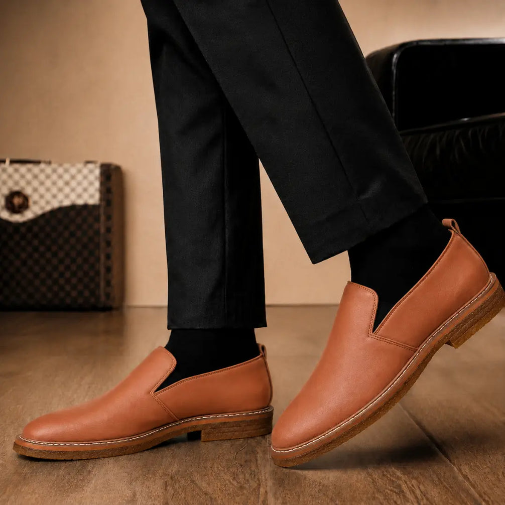 Melodiapelle Moscow Opera Slip-On in tan leather worn with trousers, on-feet shot