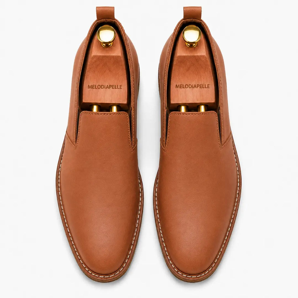 Melodiapelle Moscow Opera Slip-On in tan leather, pair top-down view, handcrafted in Agra