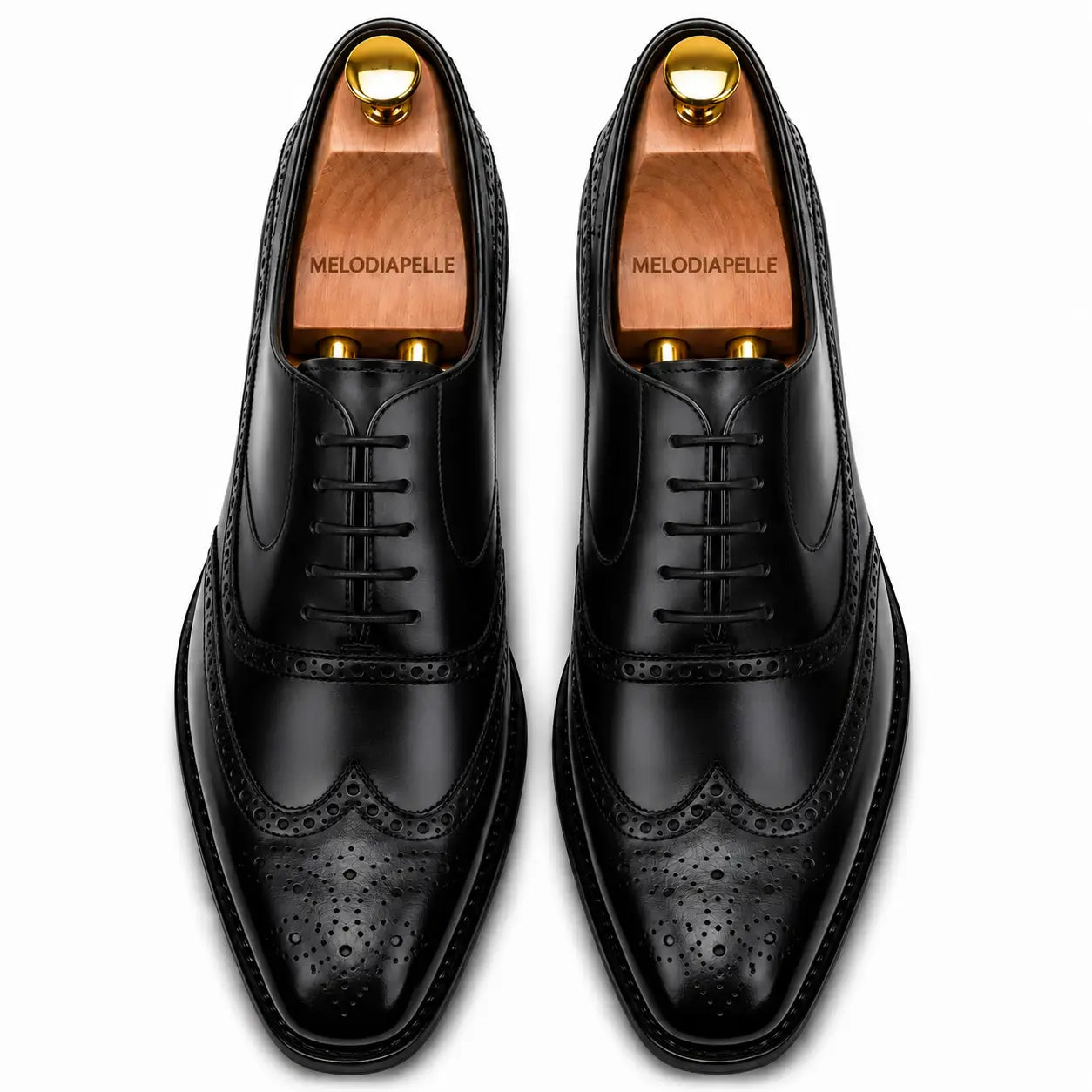 Melodiapelle Mossverde Wingtip Brogue Oxford in black leather, pair top-down view, handcrafted in Agra