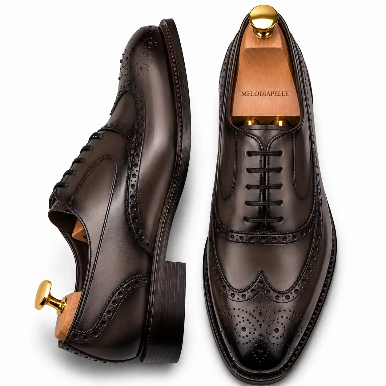 Brown leather wingtip brogue Oxford, three-quarter angle showing heel and brogue detailing