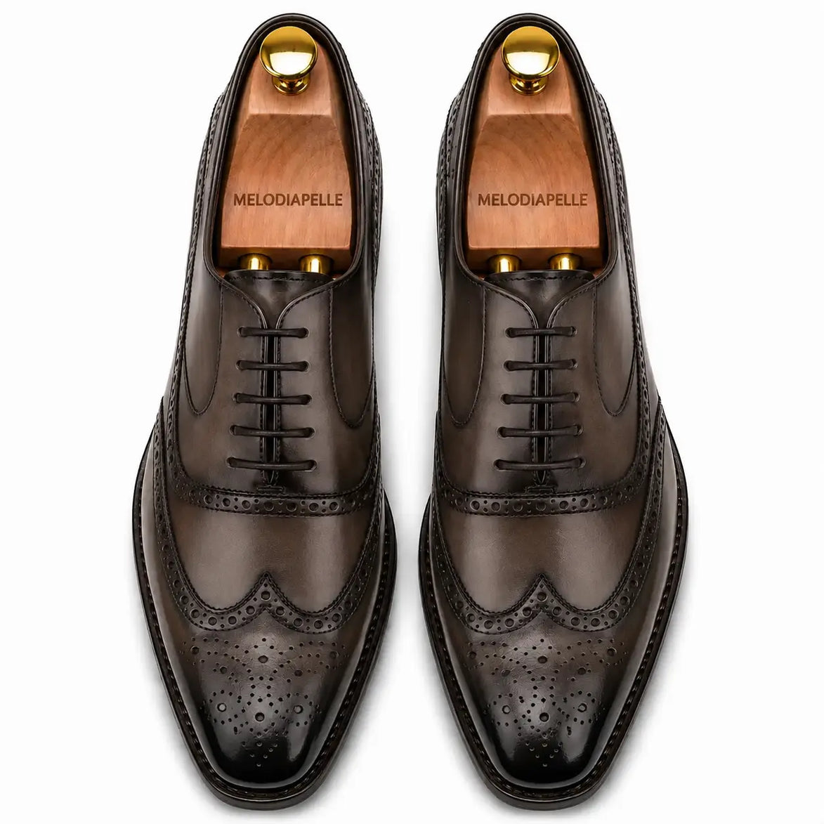 Melodiapelle Mossverde Wingtip Brogue Oxford in brown leather, pair top-down view, handcrafted in Agra
