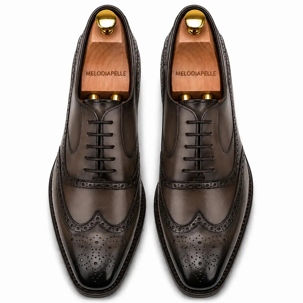 Melodiapelle Mossverde Wingtip Brogue Oxford in brown leather, pair top-down view, handcrafted in Agra