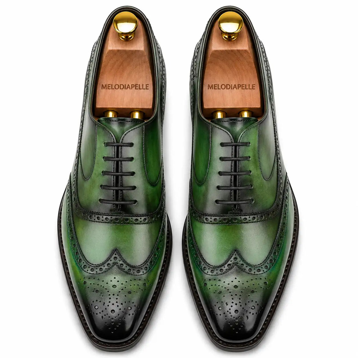 Melodiapelle Mossverde Wingtip Brogue Oxford in sage green leather, pair top-down view, handcrafted in Agra