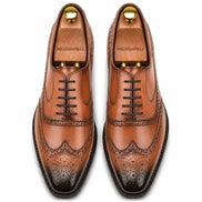 Melodiapelle Mossverde Wingtip Brogue Oxford in tan leather, pair top-down view, handcrafted in Agra