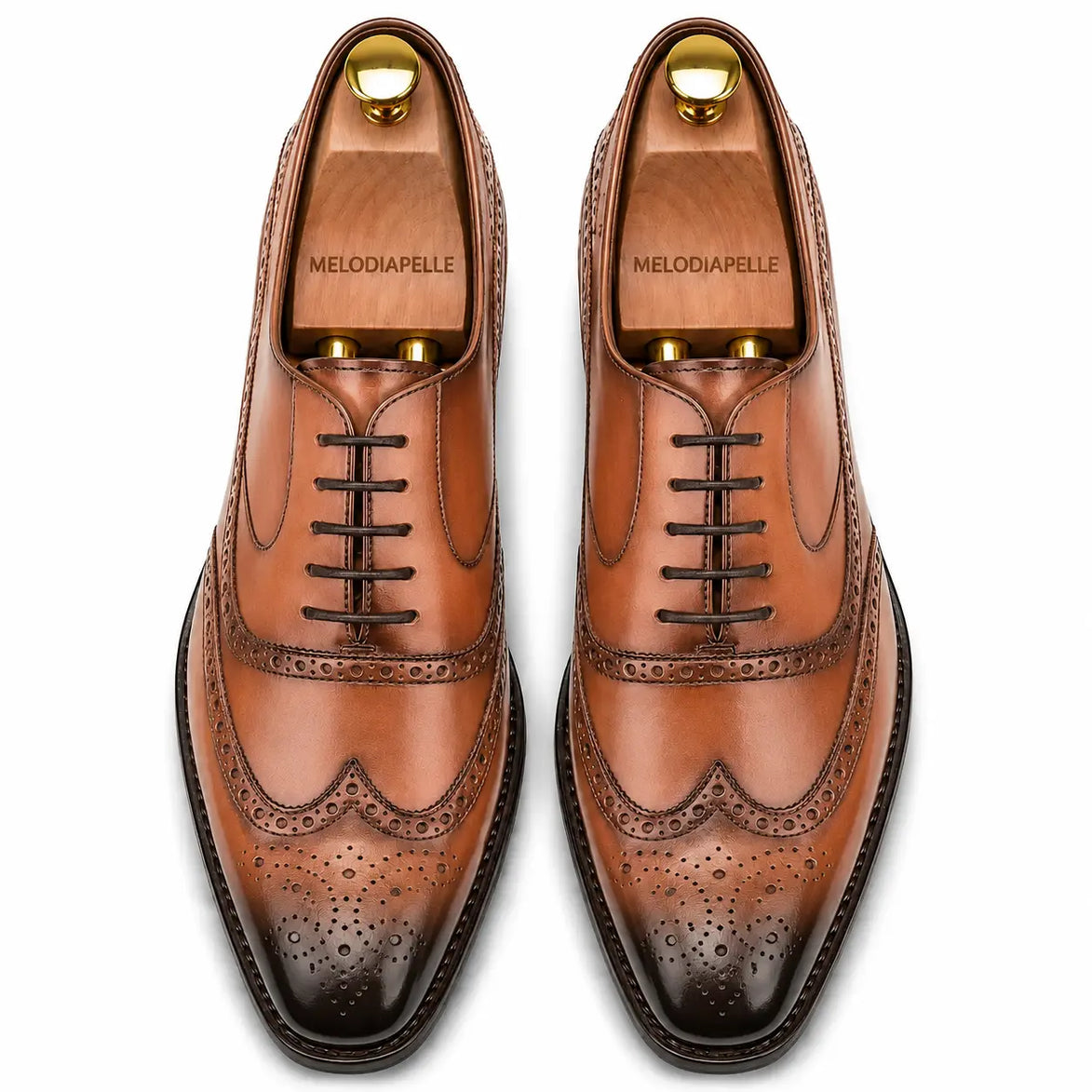 Melodiapelle Mossverde Wingtip Brogue Oxford in tan leather, pair top-down view, handcrafted in Agra