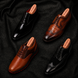 Melodiapelle Motif Golf Shoe collection in tan, brown and black leather, handcrafted golf shoes displayed together