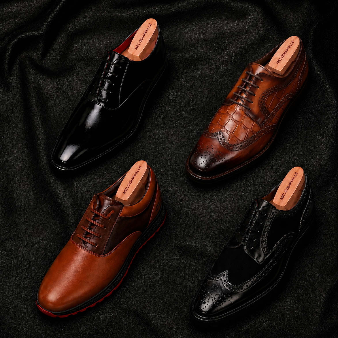 Melodiapelle Motif Golf Shoe collection in tan, brown and black leather, handcrafted golf shoes displayed together