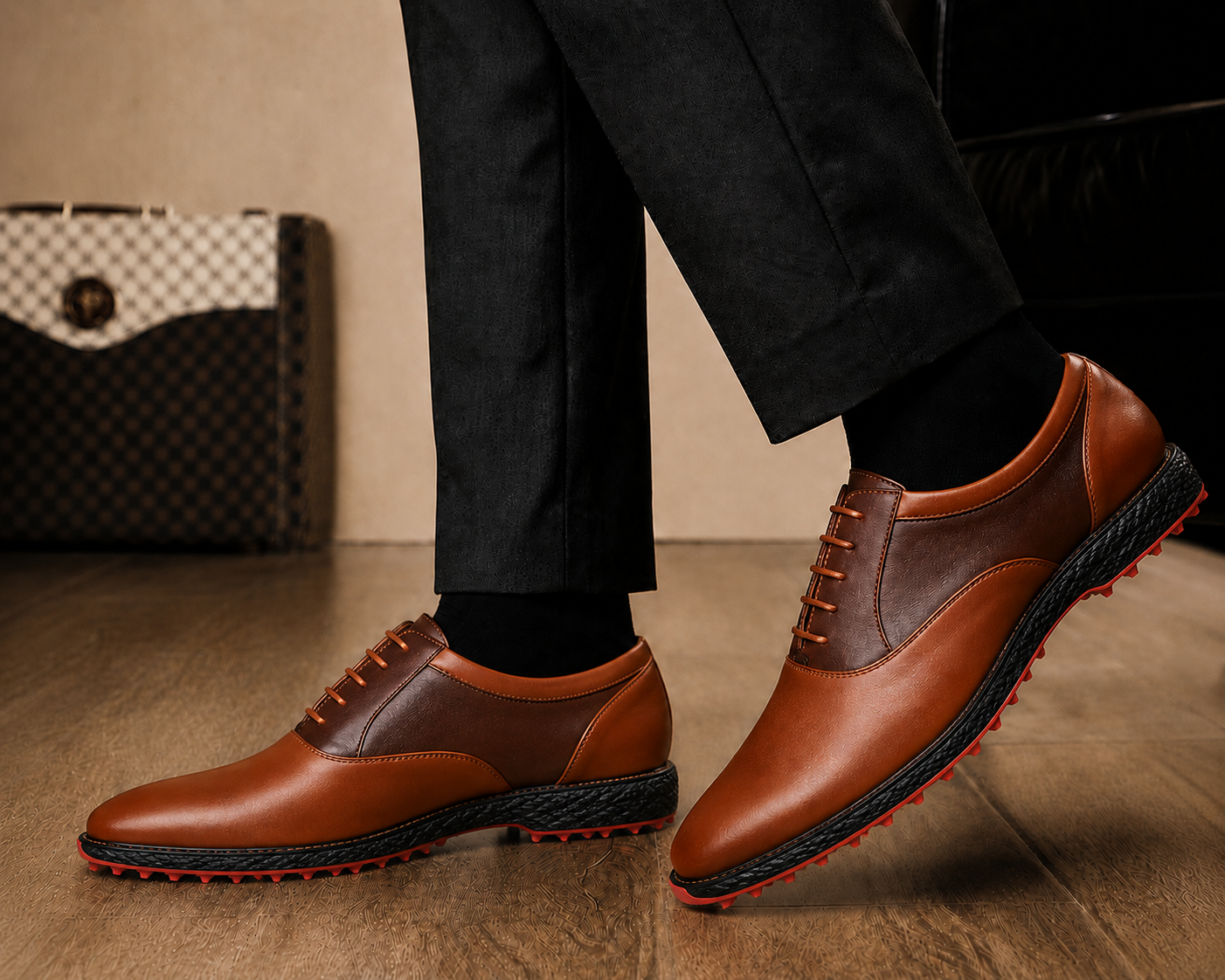 Melodiapelle Motif Golf Shoe in tan and dark brown leather worn with trousers, on-feet lifestyle shot
