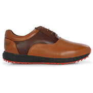 Side profile of the Motif Golf Shoe in tan and dark brown leather on white background