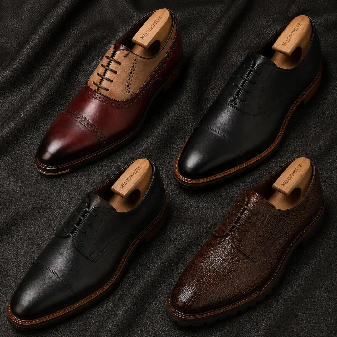 Melodiapelle Mount Pleasant Oxford collection in black, burgundy, tan and brown leather, handcrafted cap-toe Oxford shoes displayed together