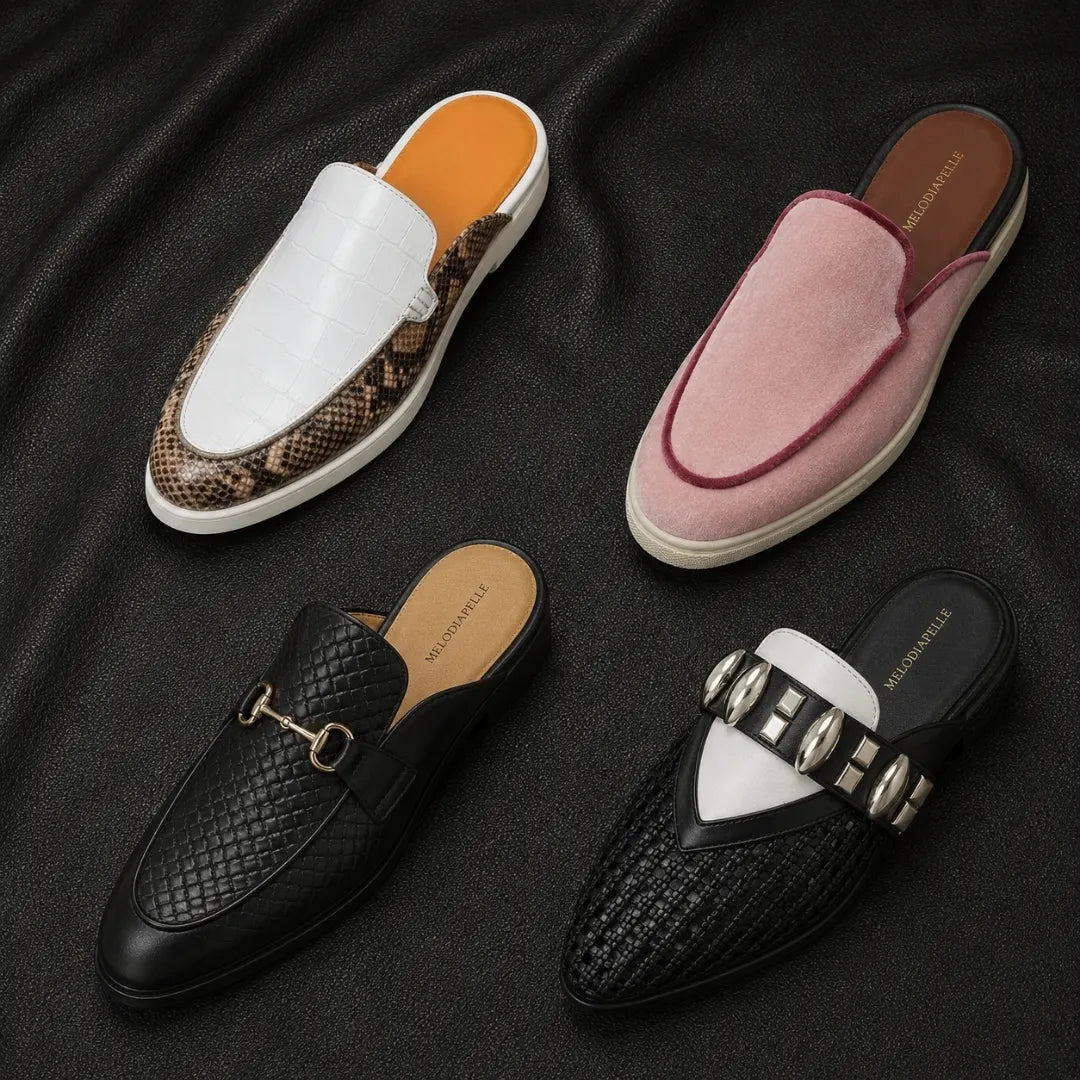 Melodiapelle Munar Mule collection in black, brown and tan woven leather, handcrafted horsebit mule loafers displayed together