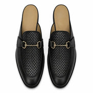 Melodiapelle Munar Mule in black woven leather, pair top-down view, handcrafted in Agra
