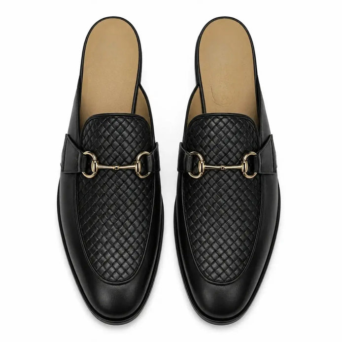 Melodiapelle Munar Mule in black woven leather, pair top-down view, handcrafted in Agra