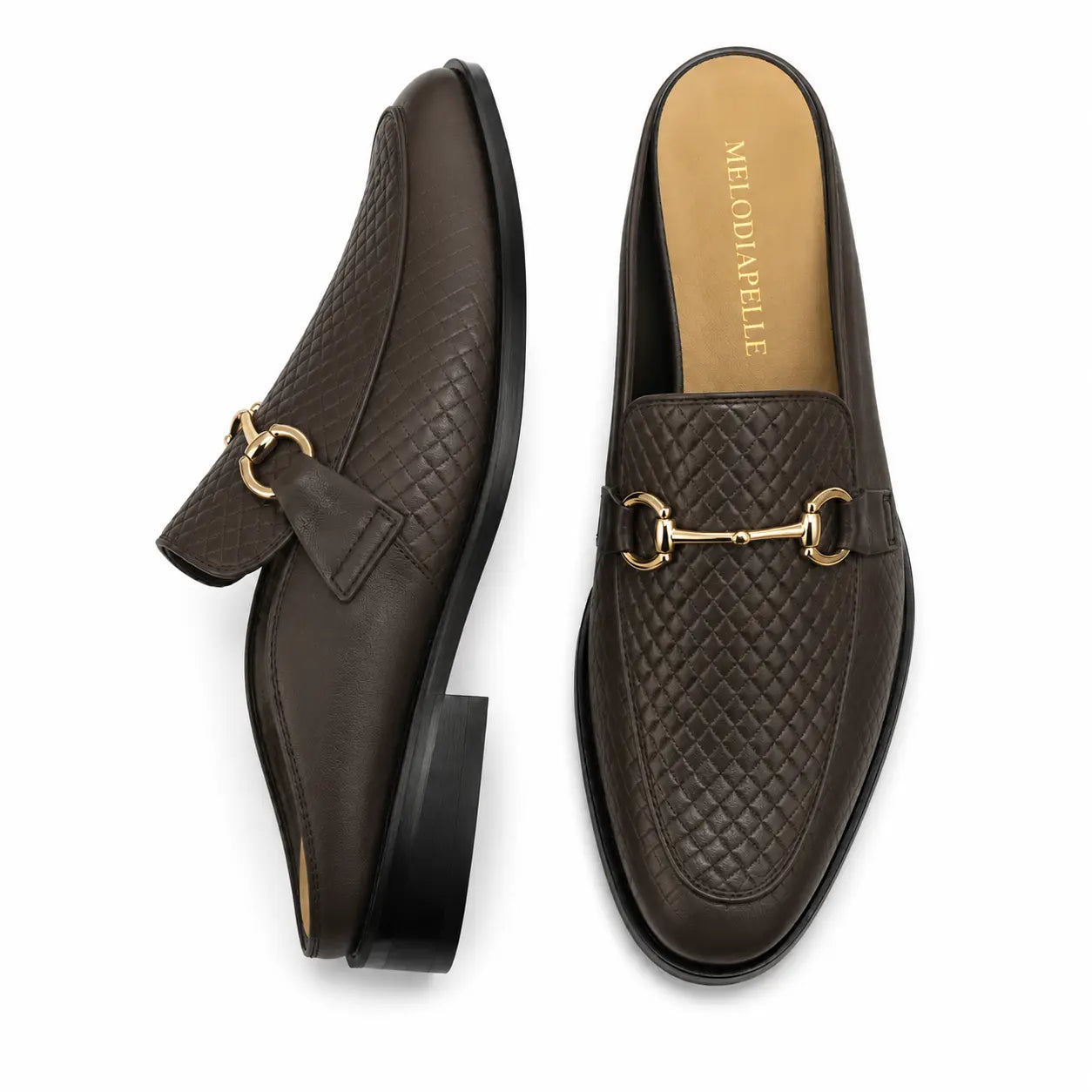 Dark brown woven leather horsebit mule, three-quarter angle showing buckle and heel