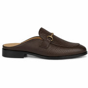 Side profile of the Munar Mule in dark brown woven leather on white background