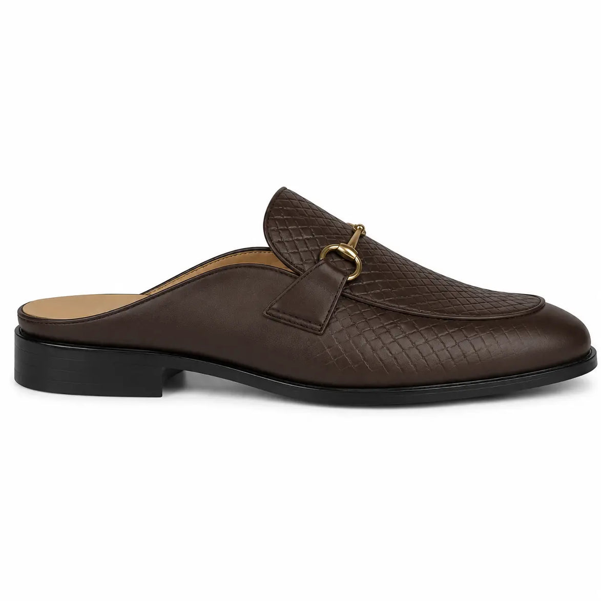 Side profile of the Munar Mule in dark brown woven leather on white background