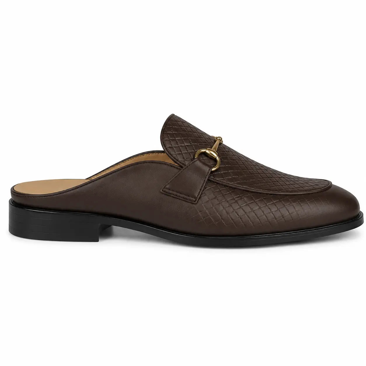 Side profile of the Munar Mule in dark brown woven leather on white background