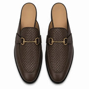 Melodiapelle Munar Mule in dark brown woven leather, pair top-down view, handcrafted in Agra