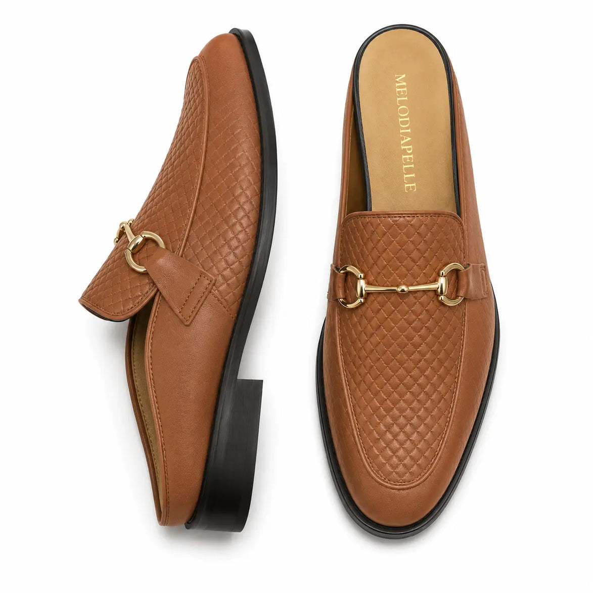 Tan woven leather horsebit mule, three-quarter angle showing buckle and heel