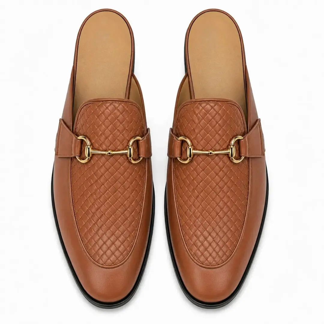 Melodiapelle Munar Mule in tan woven leather, pair top-down view, handcrafted in Agra