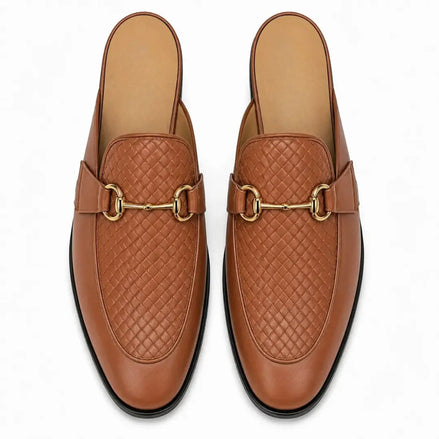 Melodiapelle Munar Mule in tan woven leather, pair top-down view, handcrafted in Agra