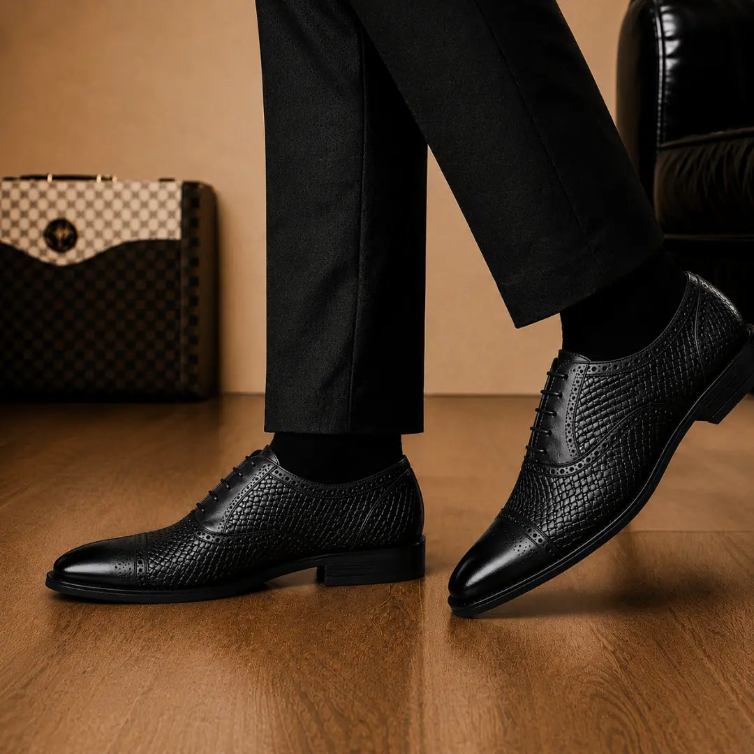 Melodiapelle Munich Woven Brogue Oxford in black leather worn with formal trousers, on-feet shot