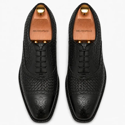 Melodiapelle Munich Woven Brogue Oxford in black leather, pair top-down view, handcrafted in Agra