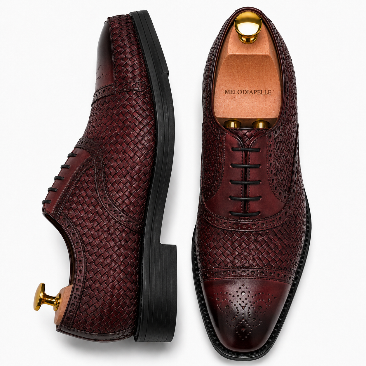 Bordeaux leather woven brogue Oxford, three-quarter angle showing heel and brogue detailing