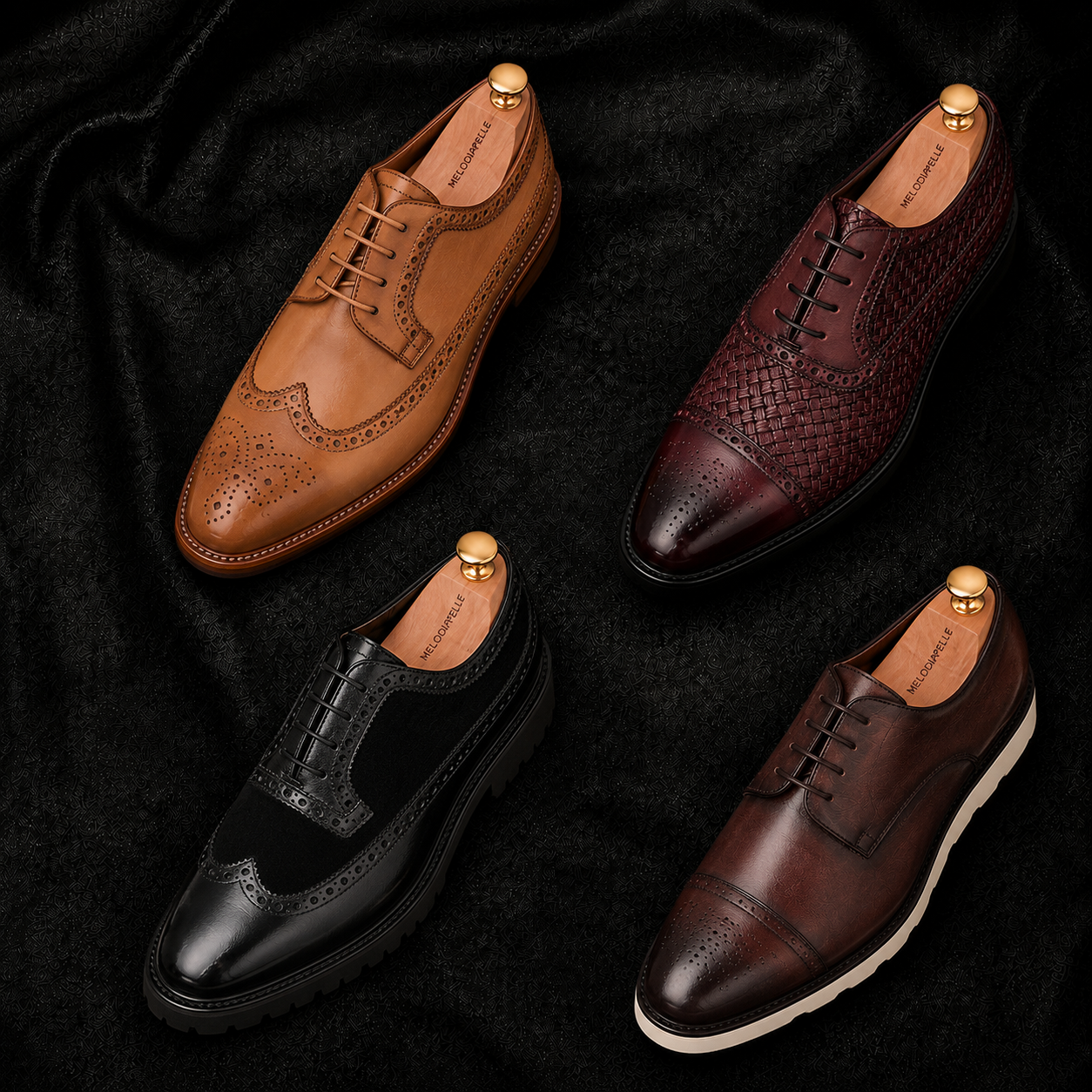 Melodiapelle Munich Woven Brogue Oxford collection in bordeaux, brown, black and tan leather, handcrafted woven brogue Oxford shoes displayed together
