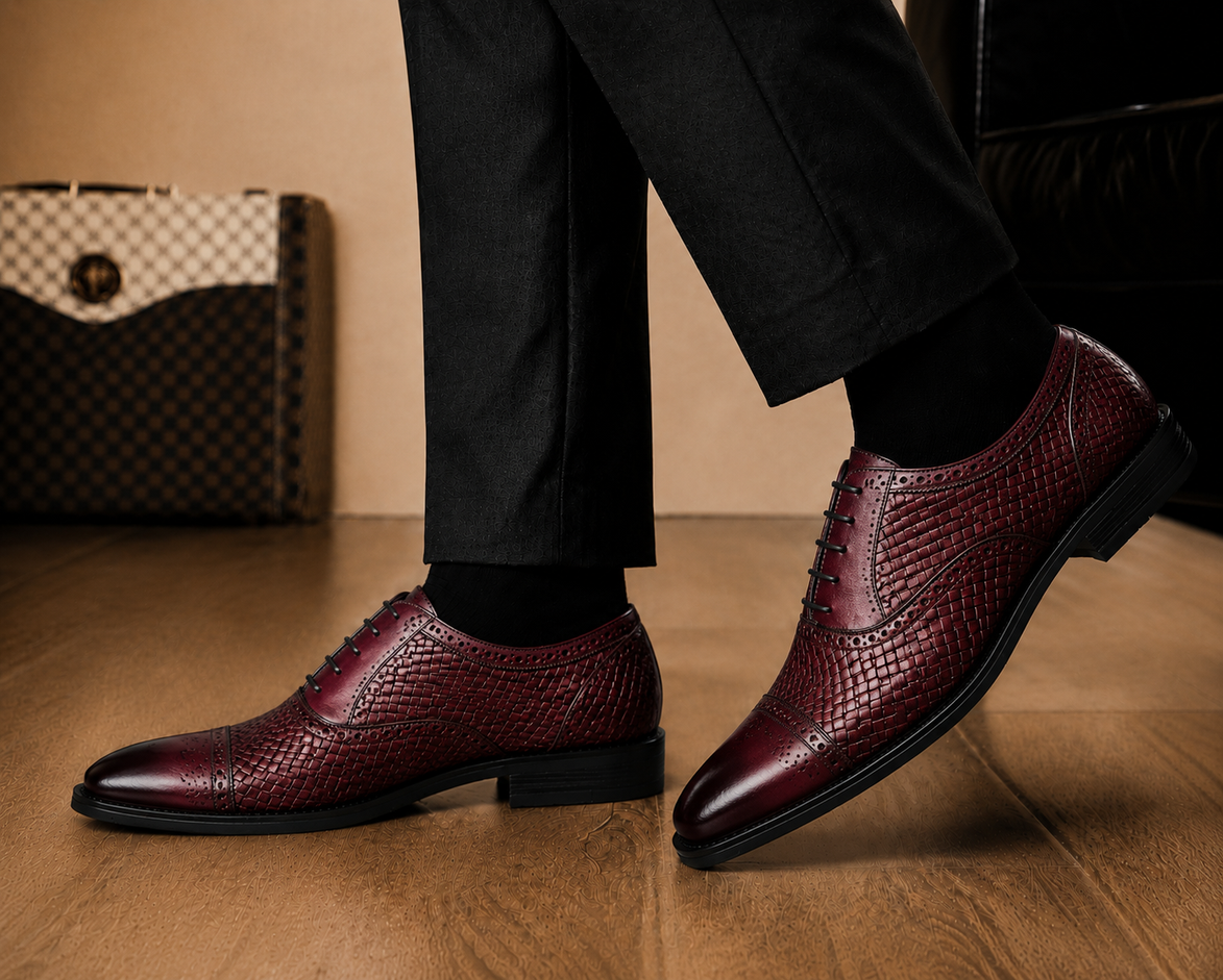 Melodiapelle Munich Woven Brogue Oxford in bordeaux leather worn with formal trousers, on-feet shot