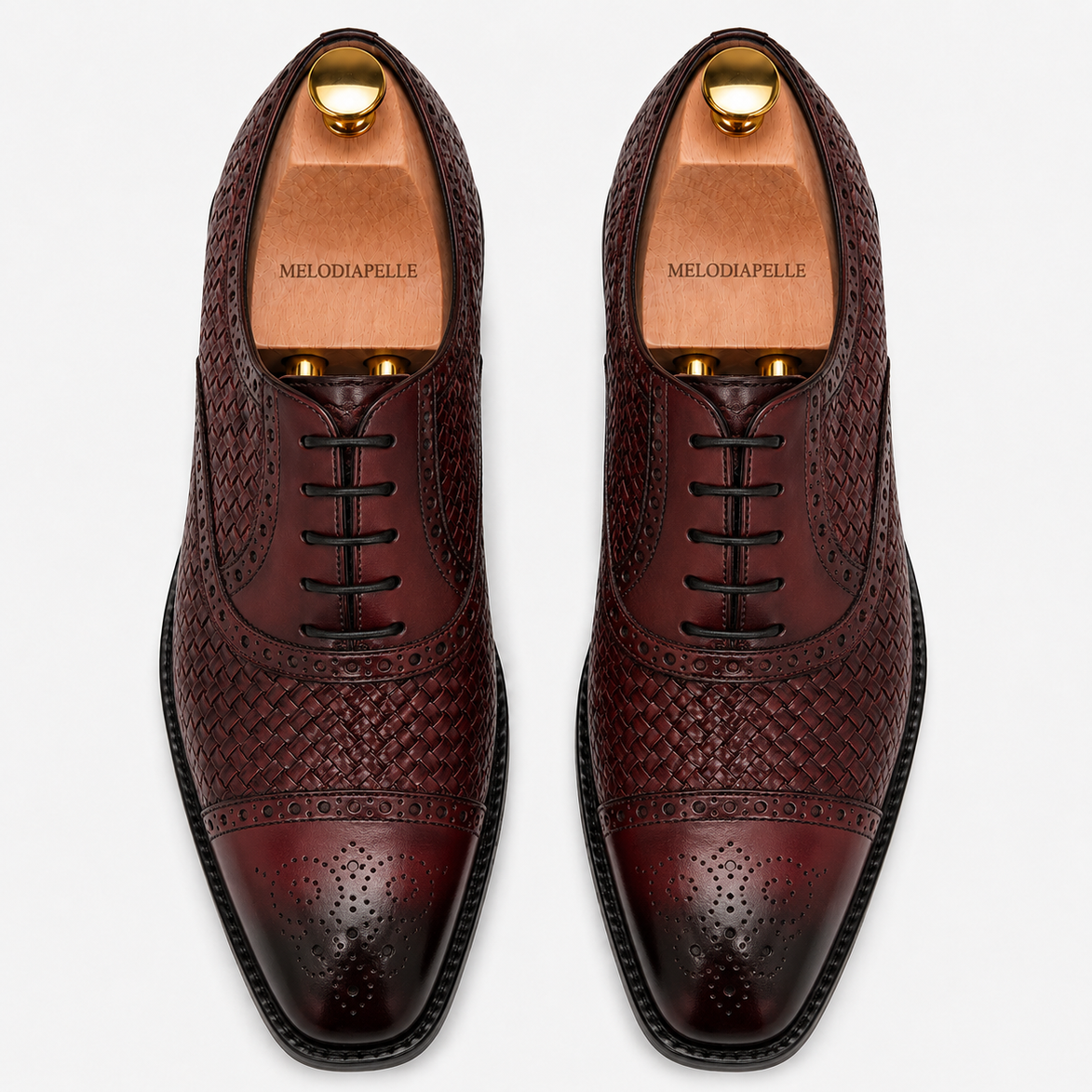 Melodiapelle Munich Woven Brogue Oxford in bordeaux leather, pair top-down view, handcrafted in Agra