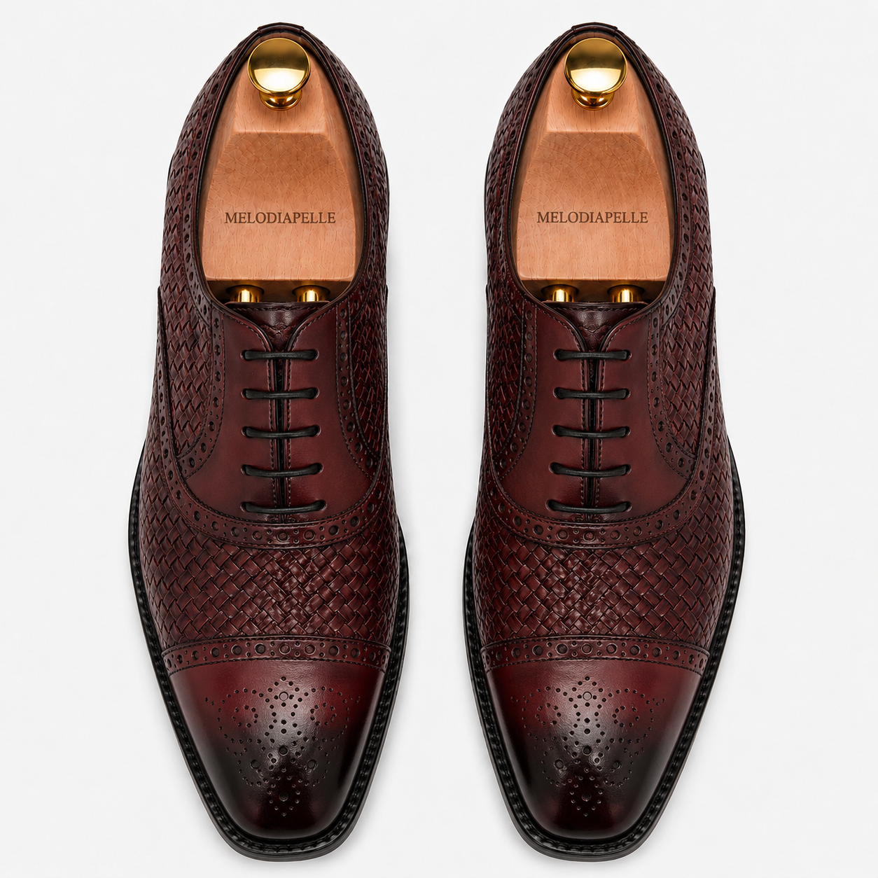 Melodiapelle Munich Woven Brogue Oxford in bordeaux leather, pair top-down view, handcrafted in Agra