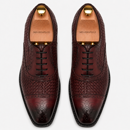 Melodiapelle Munich Woven Brogue Oxford in bordeaux leather, pair top-down view, handcrafted in Agra