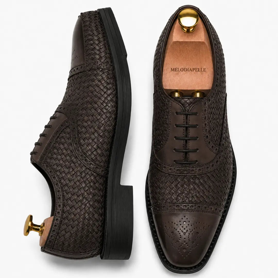 Brown leather woven brogue Oxford, three-quarter angle showing heel and brogue detailing