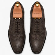 Melodiapelle Munich Woven Brogue Oxford in brown leather, pair top-down view, handcrafted in Agra
