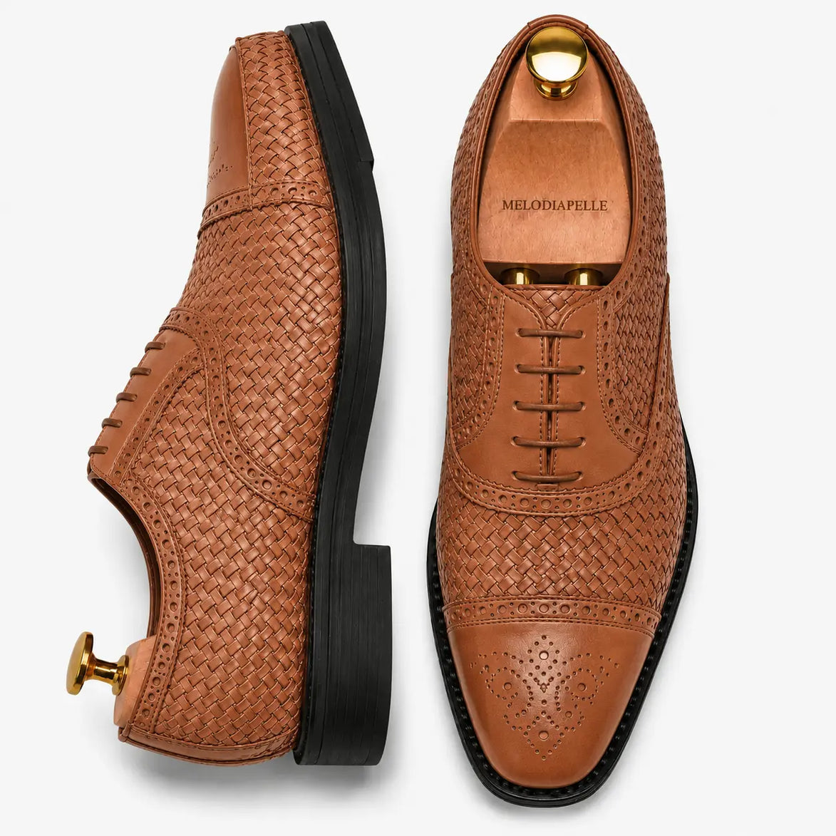 Tan leather woven brogue Oxford, three-quarter angle showing heel and brogue detailing
